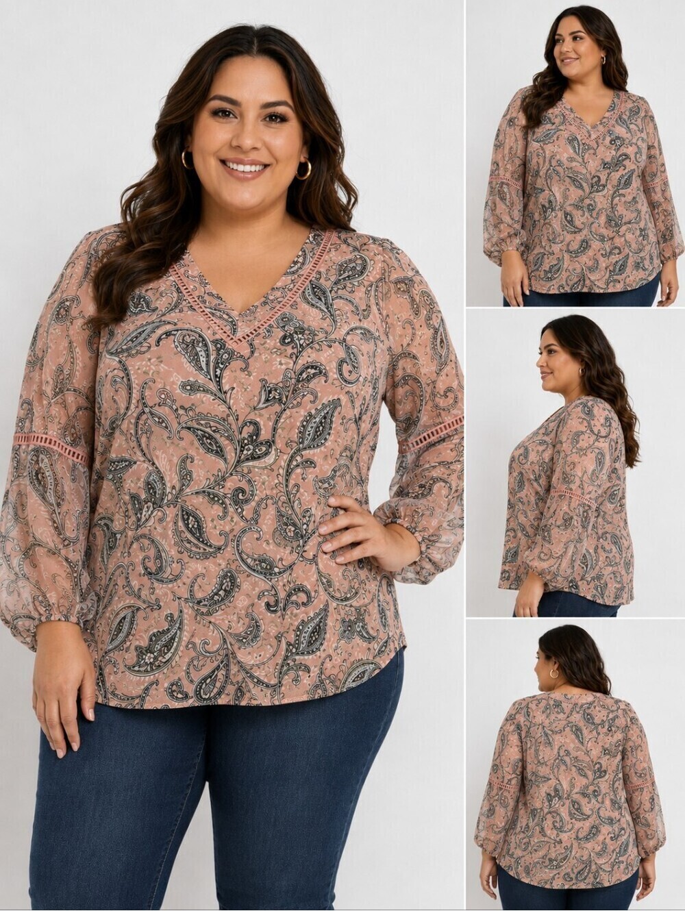 PerSeption Concept Paisley Print V-Neck Blouse Long Sleeve Pink XL